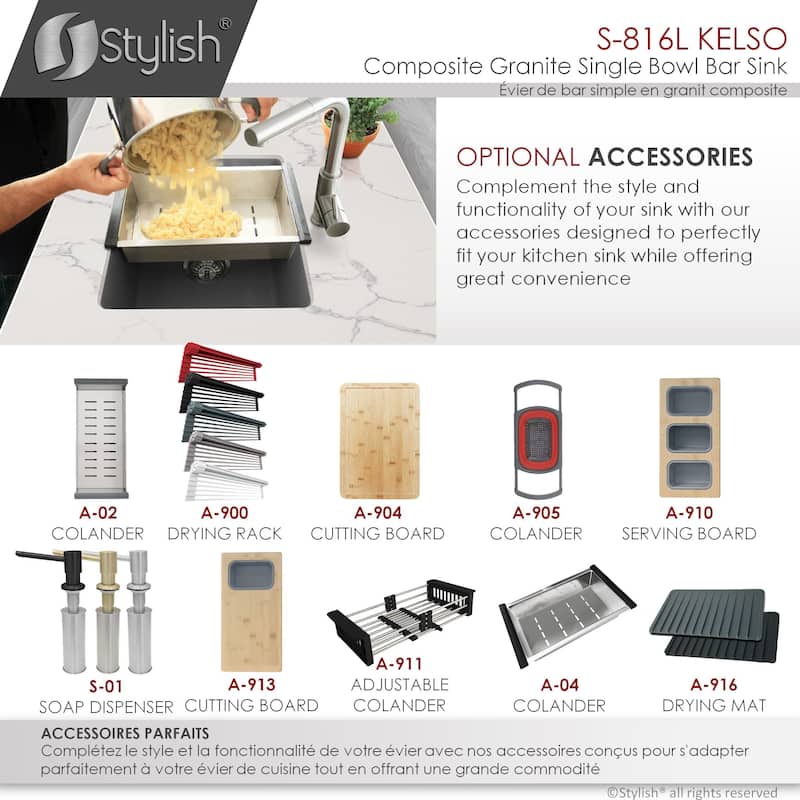 STYLISH 15.5 inches L x 17.5 inches W Dual Mount Single Bowl Composite Granite Kitchen Sink with Strainer - 15.5" x 17.5" x 8.5"