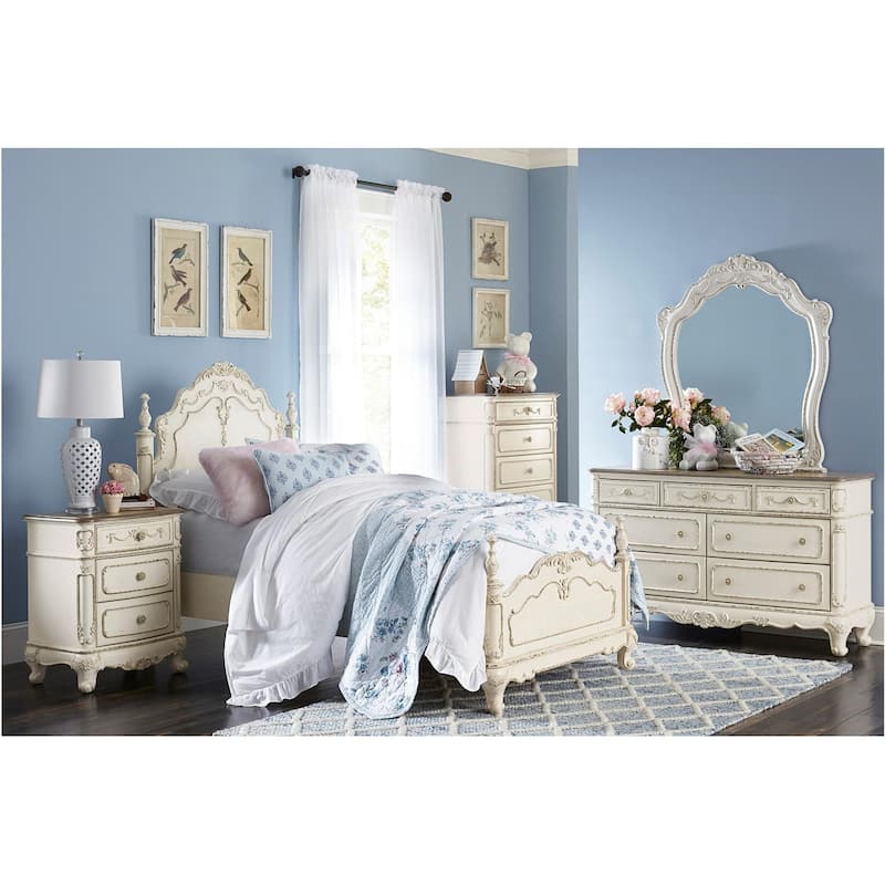 Merry 4 Piece Antique White Traditional Panel Bedroom Set - Twin