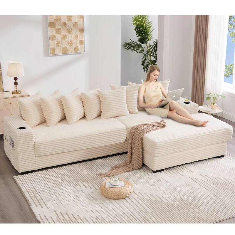 110.75" Corduroy Sectional Sofa, Convertible Sleeper Sofa Bed L-Shaped Upholstered Couch with Removable Footstool, Cup Holder