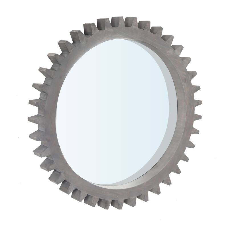 Roomfitters 42" Extra Large Round Gear Wall Mirror, Industrial Wood Accent Mirror for Living Room & Entryway, Dark Brown