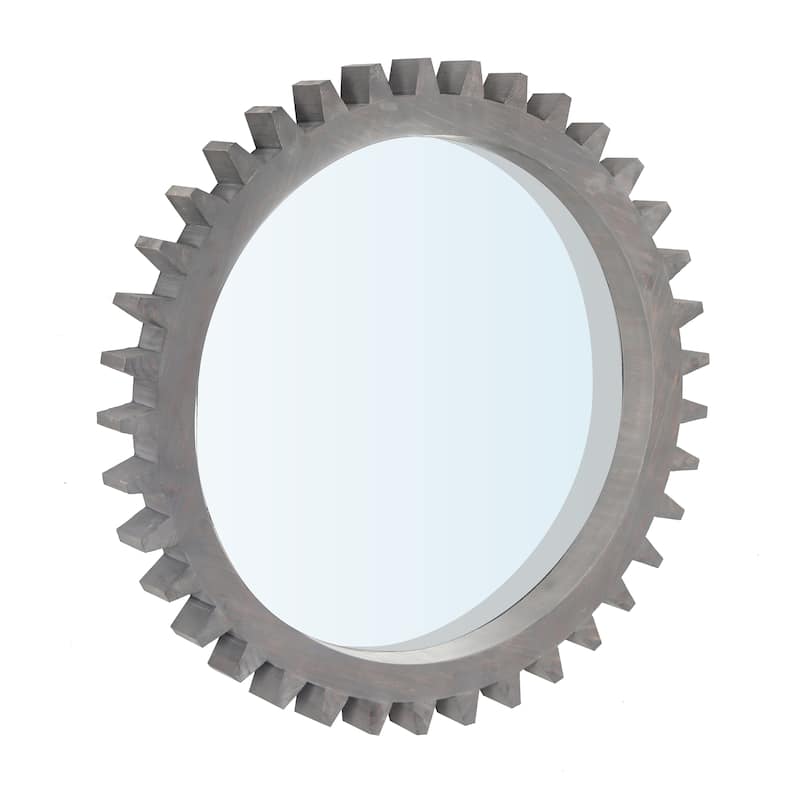 Vintage 17" D Wood Round Hanging Gear Shape Decorative Mirror