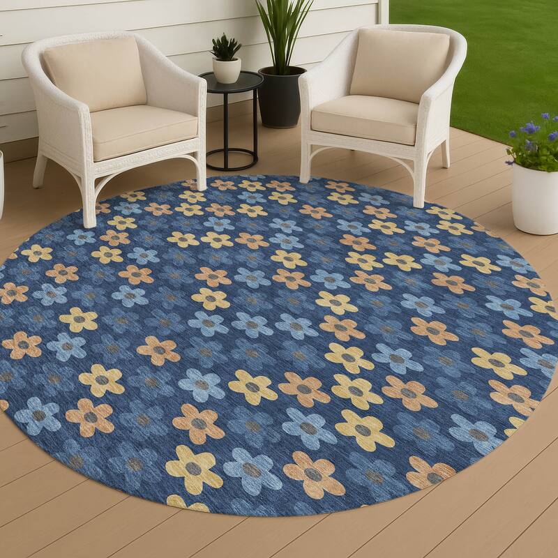 Machine Washable Indoor/ Outdoor Floral Kechi Chantille Rug - Navy - 8' x 8'
