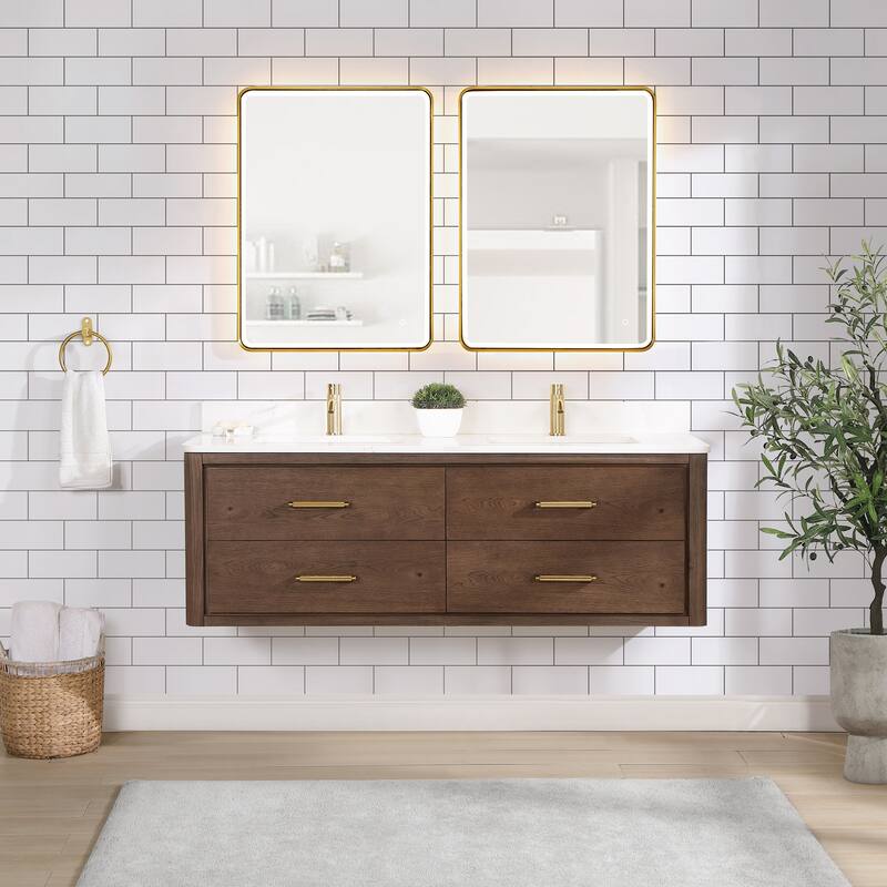 Cristo Floating Bath Vanity with White Quartz Stone Top and Mirror