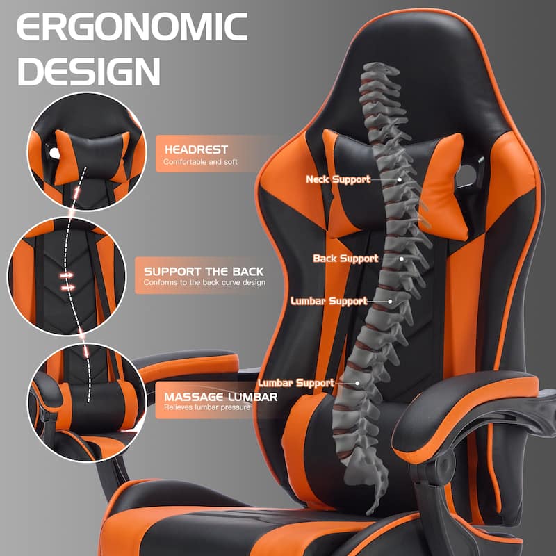 Leather Gaming Chair with Footrest, Massage Lumbar Support and 330lb Capacity