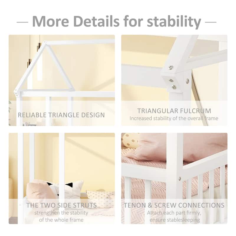 Pine Wood Floor Bed with House Roof Frame and Safety Guardrails