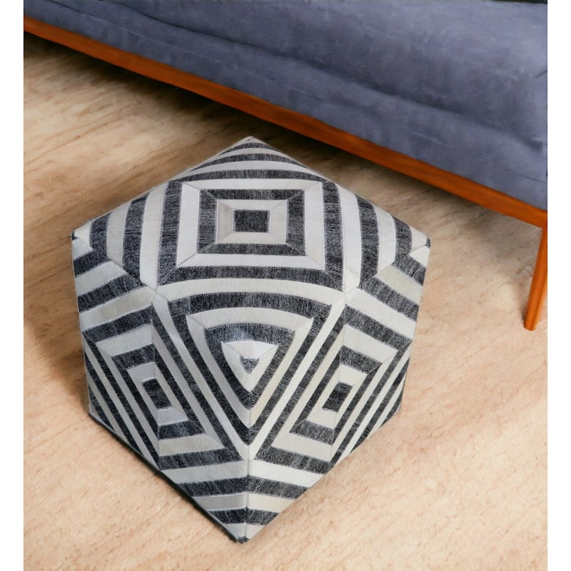 18" Dark Gray and Ivory Hair on Hide Cube Geometric Pouf Ottoman - 18' X '18' X '18