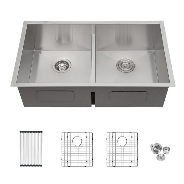 33 Inch Undermount Kitchen Sink Low Divide Double Bowl 50 50 16 Gauge   33 Inch Undermount Kitchen Sink Low Divide Double Bowl 50 50 16 Gauge Stainless Steel Kitchen Sink Basin 