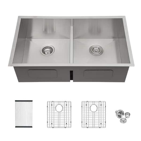 33 Inch Undermount Kitchen Sink Low Divide Double Bowl 50/50 16 Gauge ...