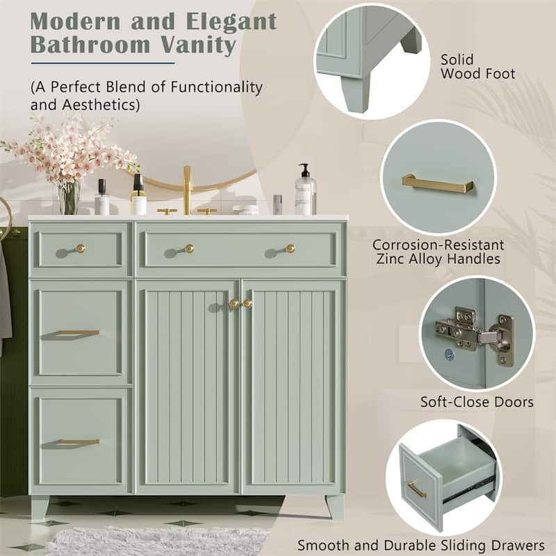 36"Bathroom Vanity with Ceramic Sink,Standard and Double-Layer Drawers