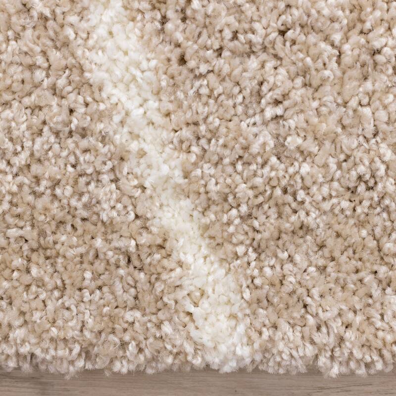 Taupe Cream Curved Lines Shag Living Rug