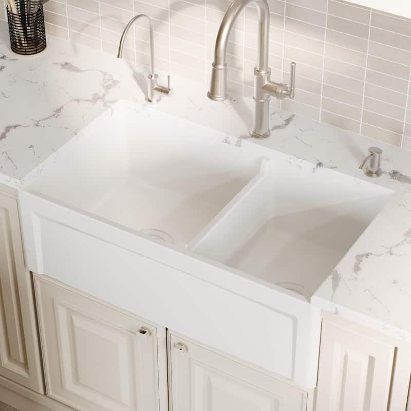 Karran 33" Double Bowl Panel Front Farmhouse Fireclay Kitchen Sink with Reversible Apron Front
