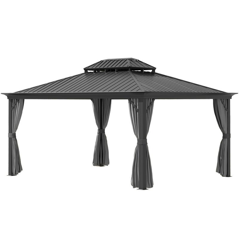 Outsunny 16' x 12' Hardtop Patio Gazebo Canopy Outdoor Pavilion with Galvanized Steel Frame, Netting Sidewalls, Curtains