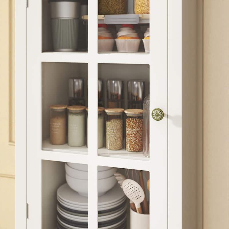Modern Buffet Cabinet with Glass Doors and Double Drawer, Wooden Sideboard Storage Cupboard for Dining Room Entryway Hallway.