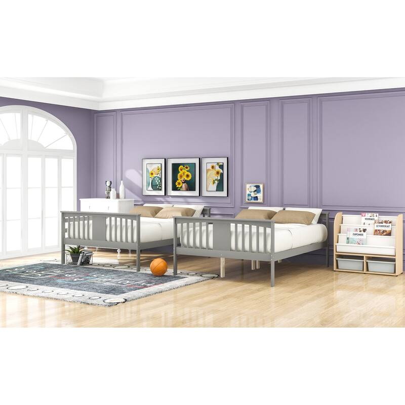 Full over Full Bunk Bed with Ladder,Gray, No Box Spring Needed, Solid Pine Wood Construction