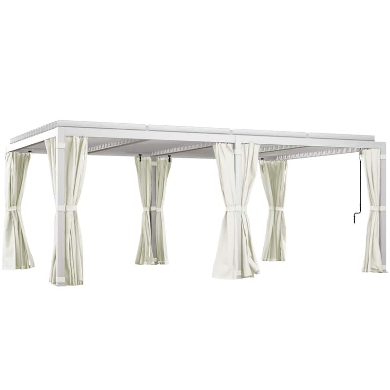 Outsunny 12' x 19' Louvered Pergola Hardtop Gazebo with Adjustable Aluminum Roof and Frame, Outdoor Pergola with Curtains