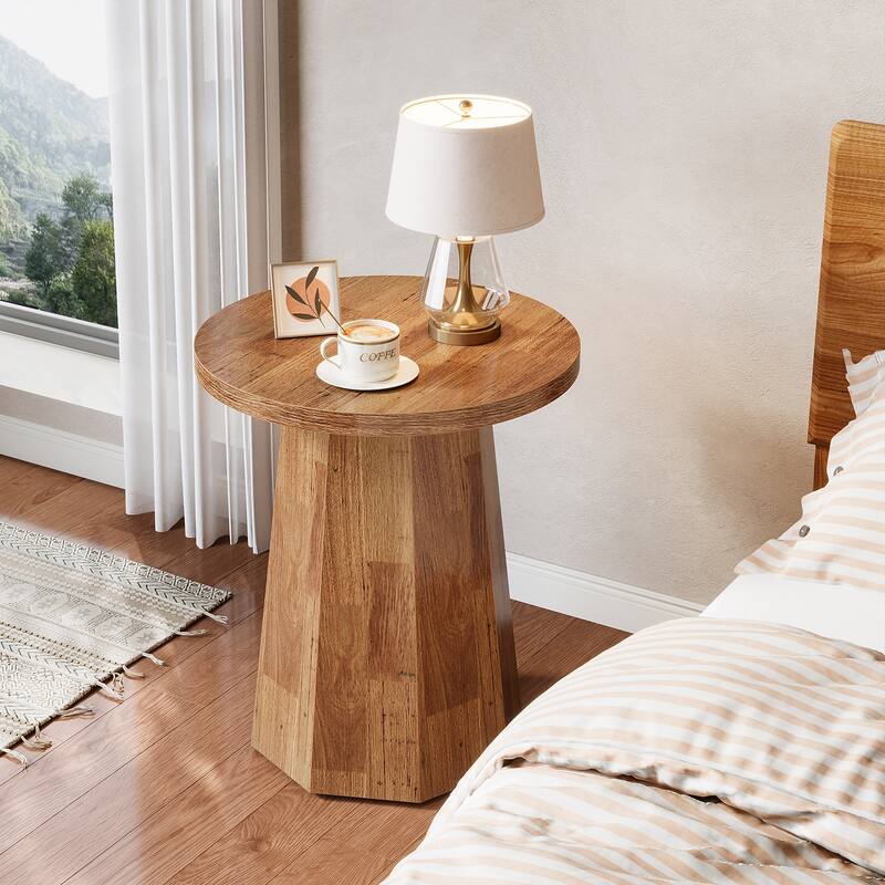 Round End Table, Wooden Couch Side Table, Nightstand Accent Furniture for Living Room, Bedroom