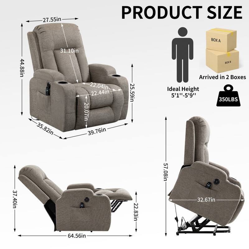 Single Motor Power Lift Recliner Chair with Massage, Heat, and USB Port - 350 lbs Capacity