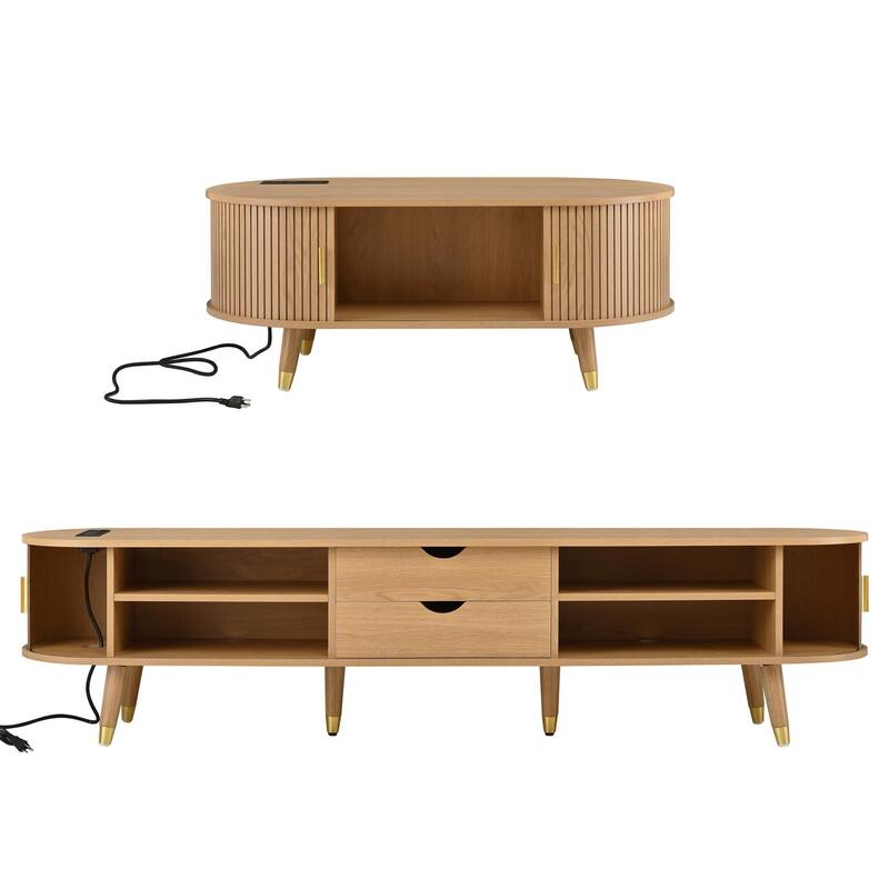 Farmhouse Wooden TV Stand & Coffee Table Set, Oval Media Console with Sliding Doors & Charging Station for TVs up to 80"