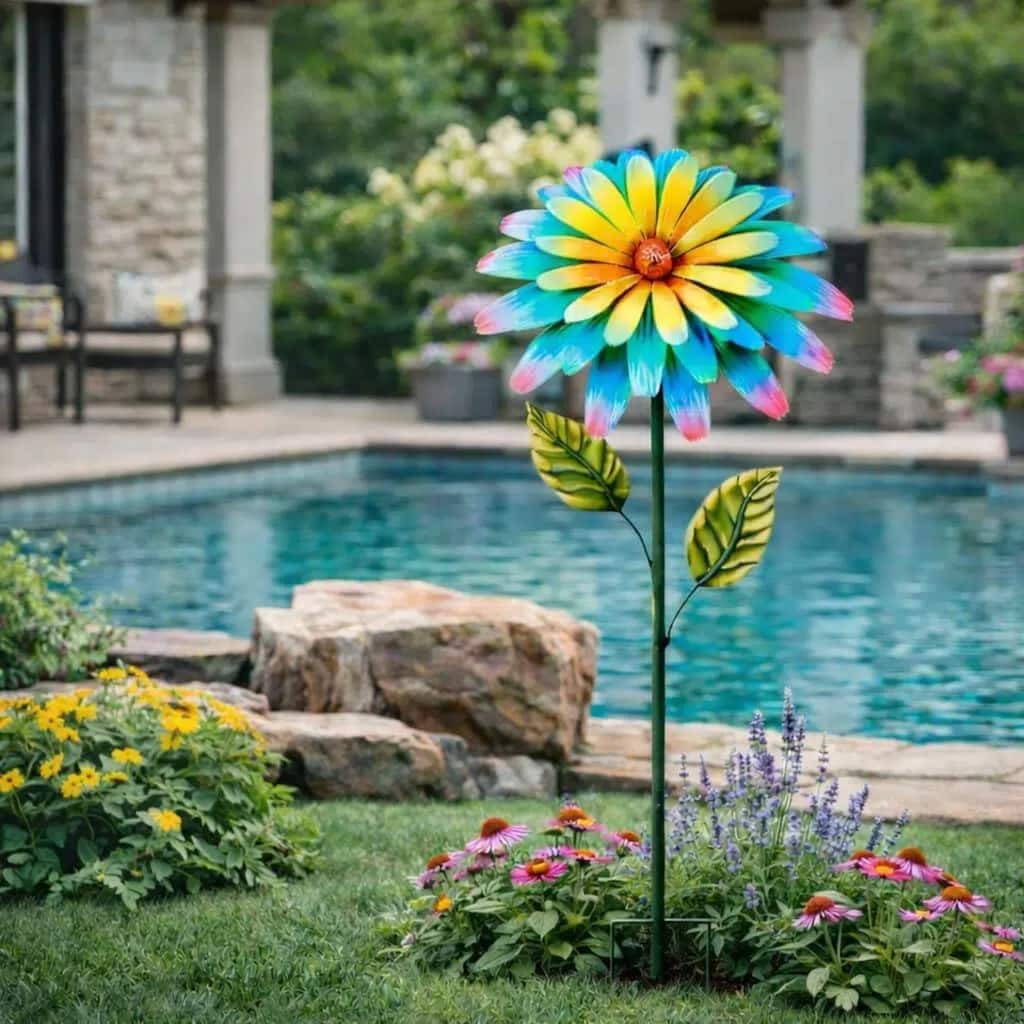 Glitzhome 41"H Metal Flower Yard Stake Hand Painted Garden Flower with Blue Yellow Petals Spring Decor