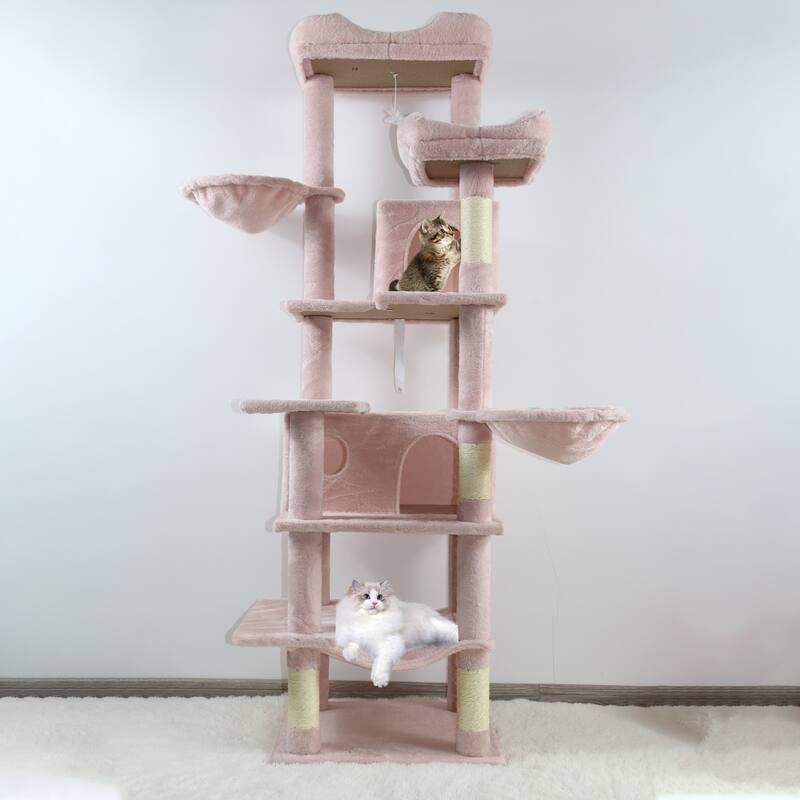 68in Tall Multi-Level Cat Tree with Hammocks, Hanging Basket, Cat Cave, Removeable Cushion, Scratching Posts