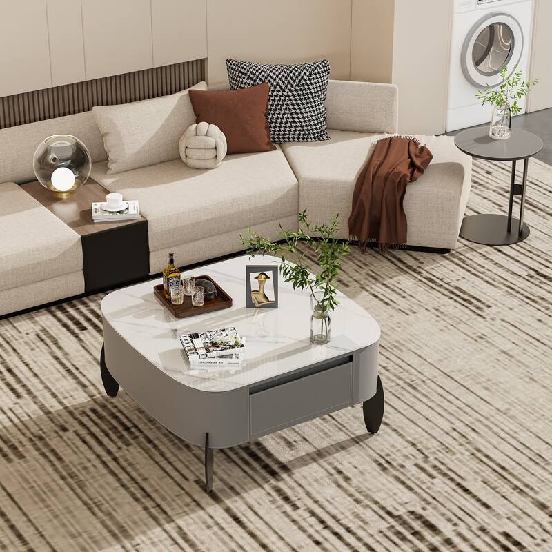 Rounded Square Sintered Stone Coffee Table Microfiber Saddle Leather - 32"