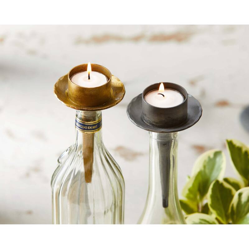 Black Iron Tealight Holder Bottle Stopper Design - Everyday Candle Holder, 5.5" H x 3" L x 3" W