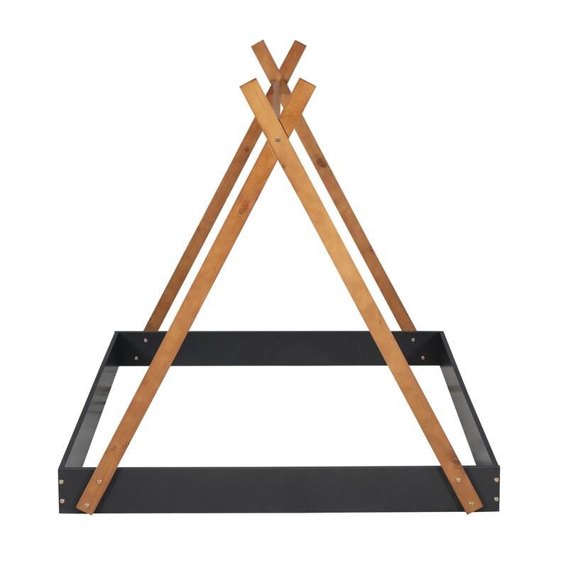 Roomfitters Full Size Tent Floor Bed with Triangle Structure Frame and Cozy Design, Black+Brown