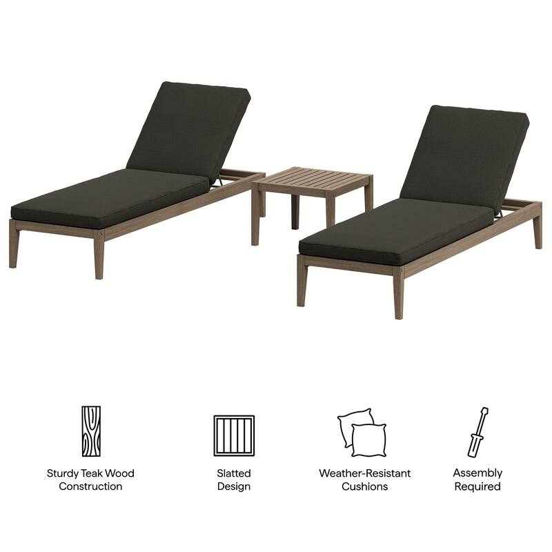 Northlake 3-Piece Outdoor Teak Wood Furniture Set with Chaise Lounges and Side Table