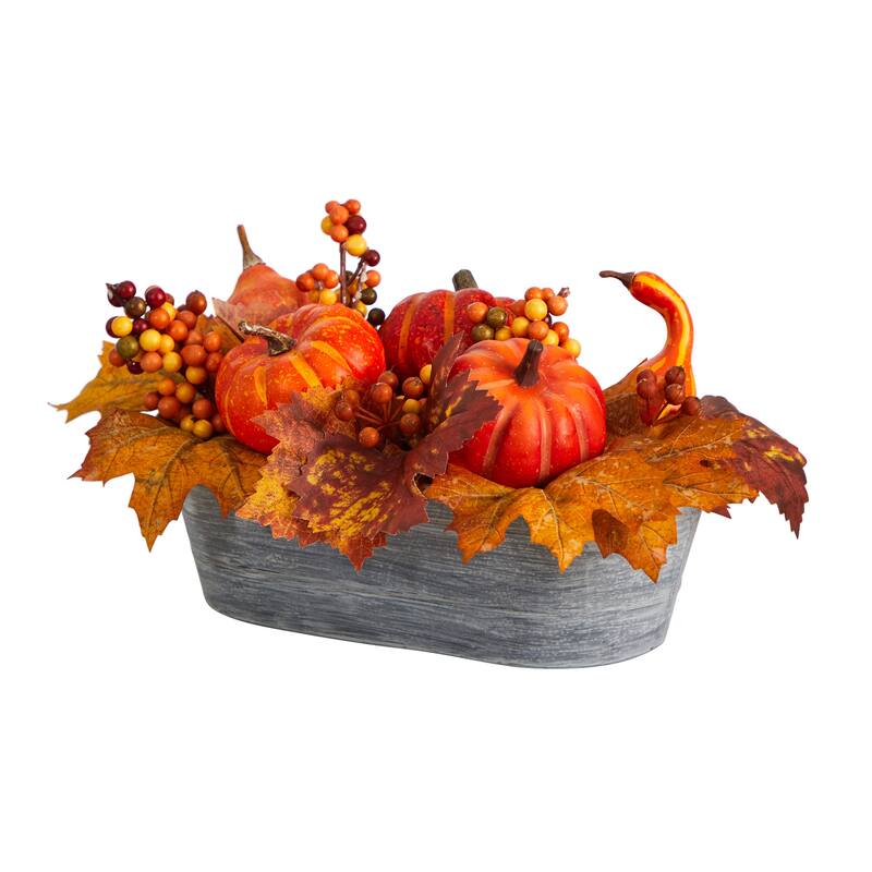 12” Artificial Pumpkins Harvest Arrangement in Washed Vase