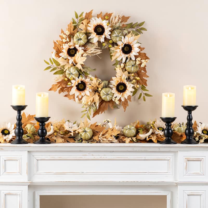 Glitzhome 5-Piece Fall Multi-Colored Sorghum Sunflower Pumpkin Wreath & Garland & Porch Tree Set