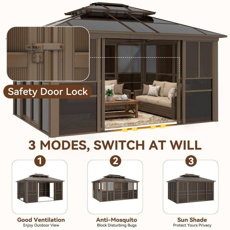 EROMMY Sunroom Gazebo with Double Roof, Adjustable Windows & Lockable Sliding Doors for Patio, Garden, and Backyard