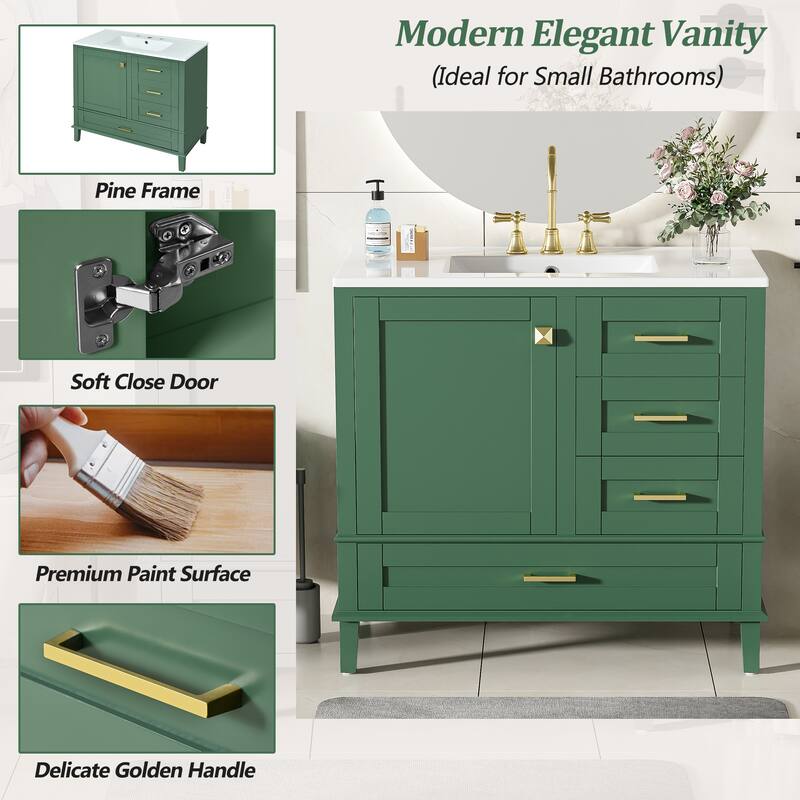 Bathroom Vanity with Sink, Bathroom Cabinet with Solid Wood Frame, Storage Cabinet with Soft Closing Door and 3 Drawers