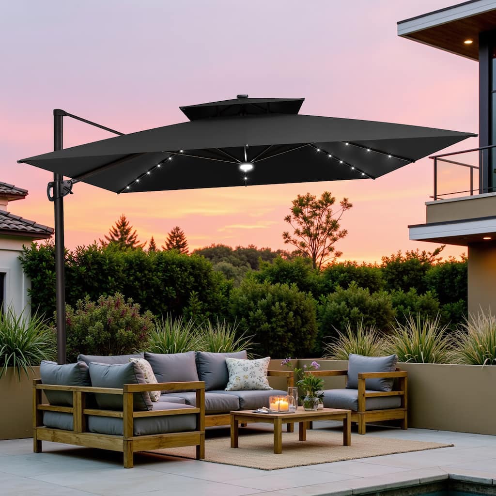 11 FT Outdoor Premium Double Top Solar Powered LED Patio Cantilever Umbrella