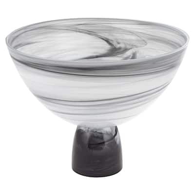 HomeRoots 10" Black and Gray Swirl Mouth Blown Glass Footed Centerpiece Bowl