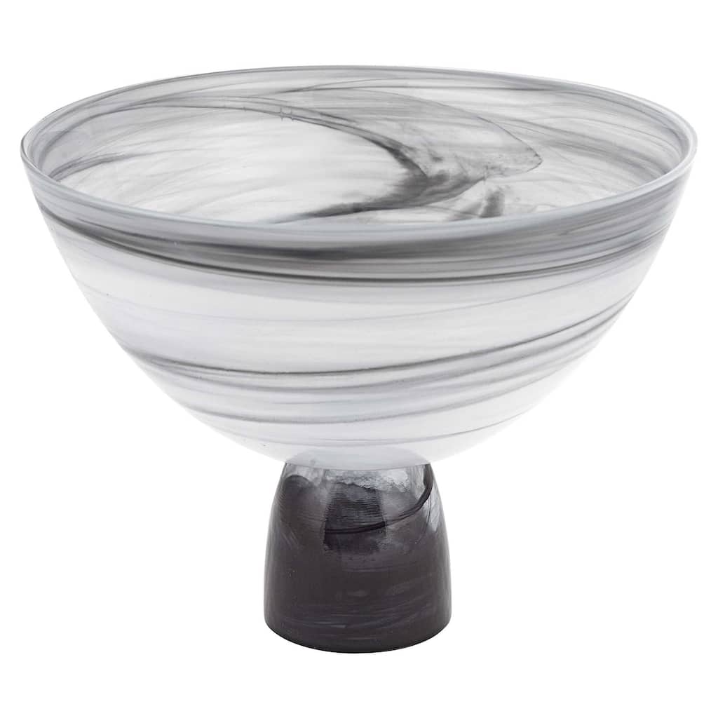 HomeRoots 10" Black and Gray Swirl Mouth Blown Glass Footed Centerpiece Bowl