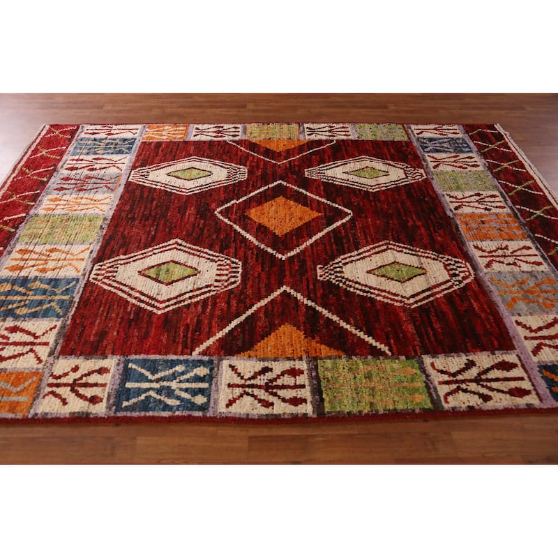 Red Geometric Moroccan Area Rug Hand-Knotted Wool Carpet - 6'10" x 9'9"