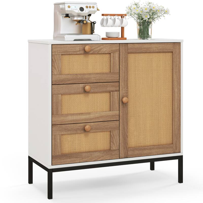 Gymax Set of 2 Rattan Sideboard Buffet Cabinet Accent Cabinet w/ 1