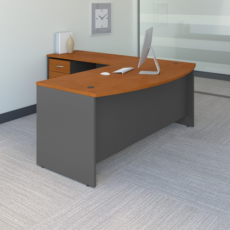 Series C 72W Bow Front L Desk with Drawers by Bush Business Furniture - Natural Cherry/Graphite Gray