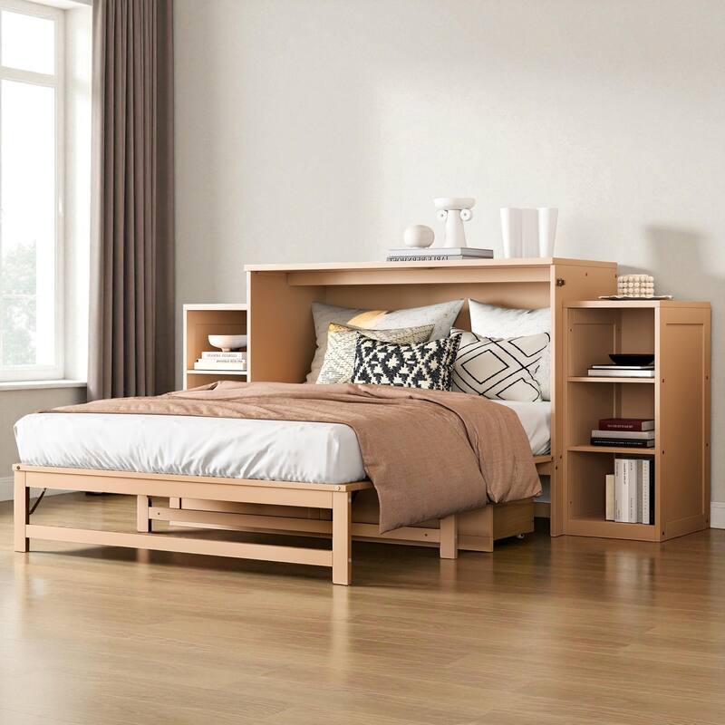 Full/Queen Size Murphy Bed with Storage Drawers and Shelves, Space-Saving Foldable Wall Bed for Guest Room
