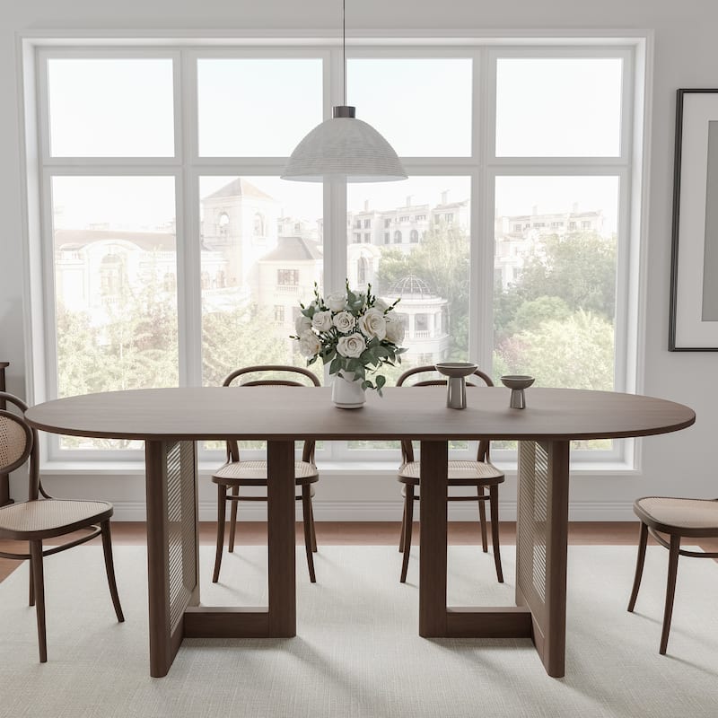 Modern Farmhouse Kitchen Dining Room Table Furniture Oval Kitchen Table with Rattan Woven Legs for Kitchen Bar Living Room