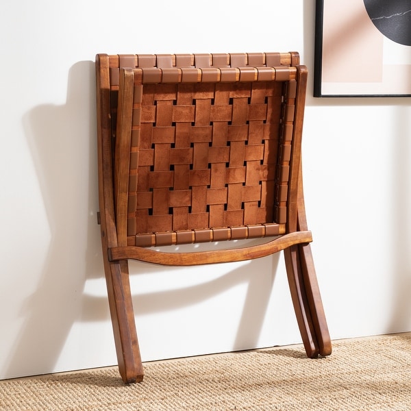 LUE BONA Mid-century Wood Woven Accent Chair Cognac Leather LUE BONA Mid-century Wood Woven Accent Chair Cognac Leather