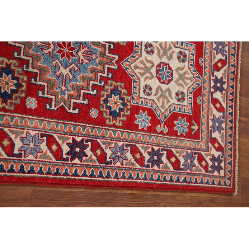 Red Geometric Kazak Oriental Runner Rug Hand-Knotted Wool Carpet - 2'8" x 9'7"