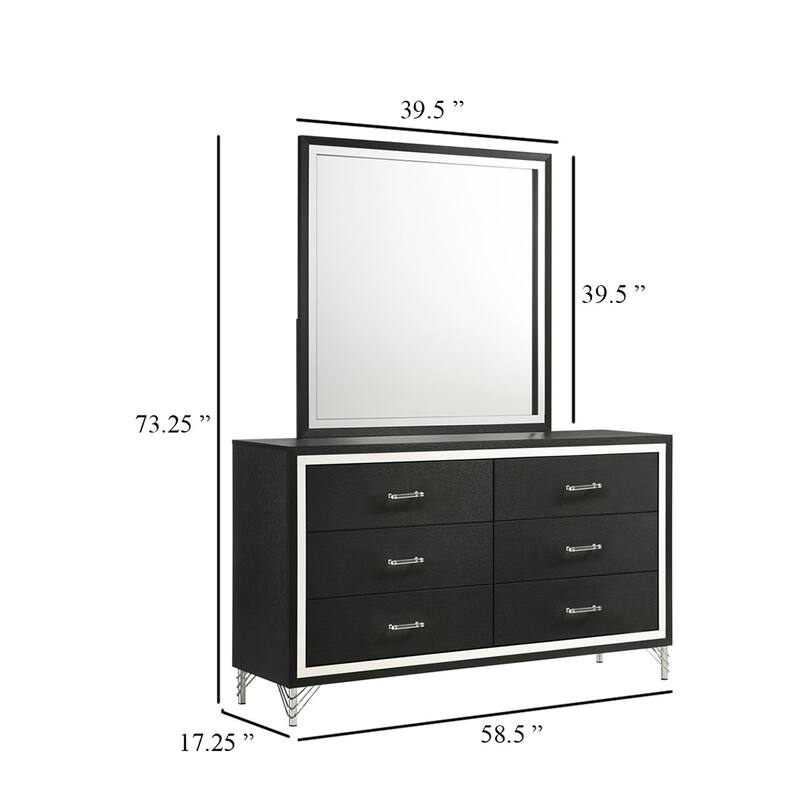 Jenny Wide Dresser with Mirror, Retro Modern Chrome Legs, Black