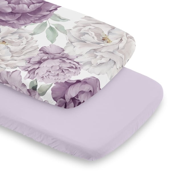 slide 2 of 6, Sweet Jojo Designs Boho Shabby Chic Floral Girl 2P Baby Bassinet Fitted Sheets Solid Purple Ivory Bohemian Vintage Watercolor
