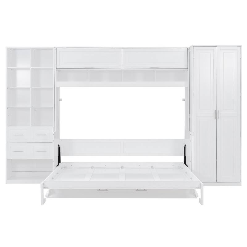 Queen Size Murphy Bed with Closet, Drawers, and Shelves - Space-Saving Wall Bed with Integrated Storage for Small Rooms
