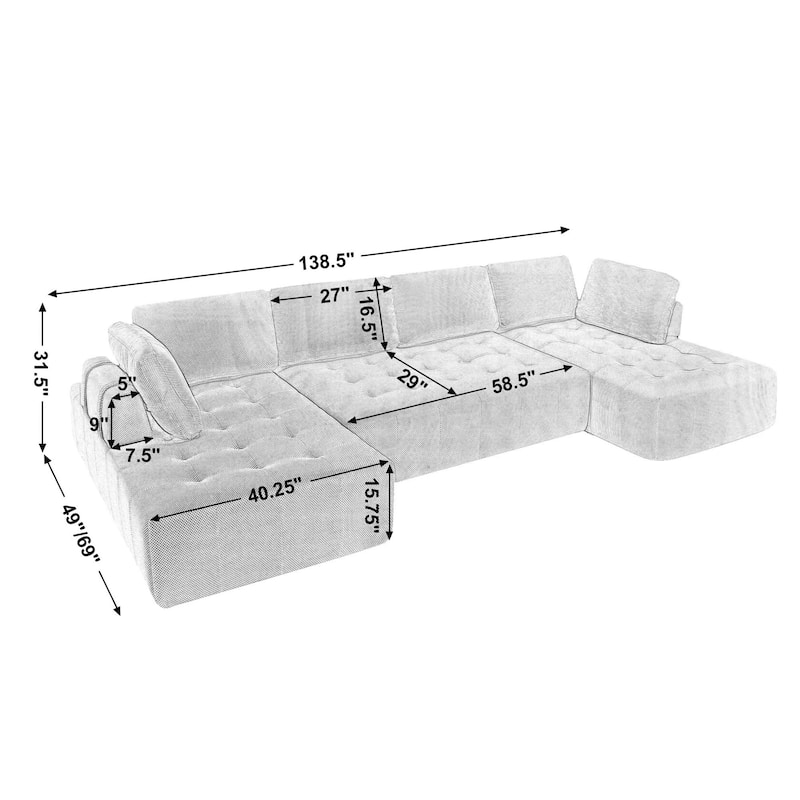 146" Modular Sectional Sofa, Oversized U Shaped with Chaise, Deep Seat Comfy Fabric Cloud Couch for Living Room
