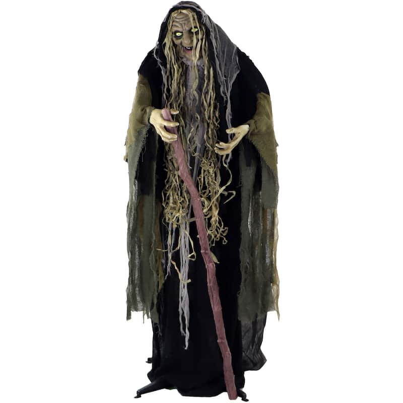 Haunted Hill Farm Life-Size Animatronic Witch, Indoor/Outdoor Halloween Decoration, Light-up White Eyes, Poseable