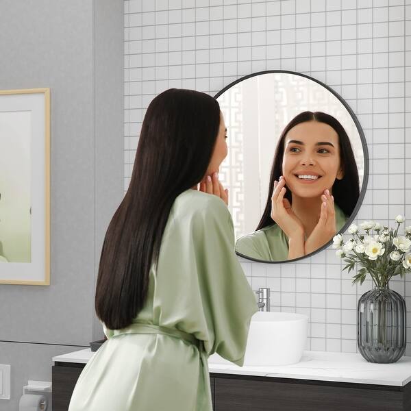 Stylish WallMounted Round Bathroom Vanity Mirror with Black Metal