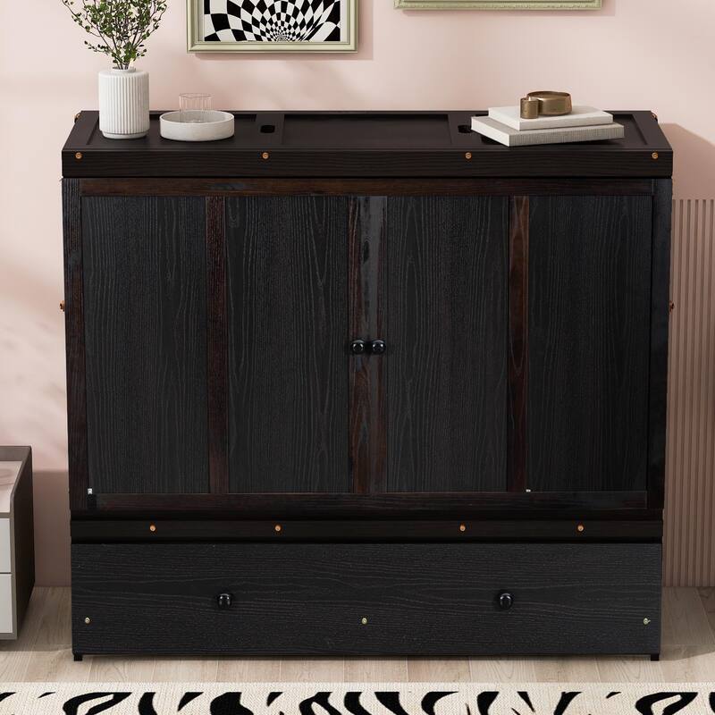 Full Size 2-in-1 Murphy Bed Cabinet with Space Saving Design with Built in USB/Power Outlets, Large Storage Drawer - Espresso