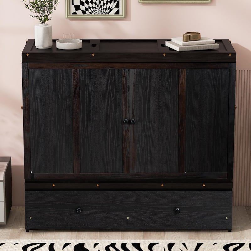 Space-Saving Full Size Murphy Bed with USB Port and Large Drawer, Espresso Finish - Espresso